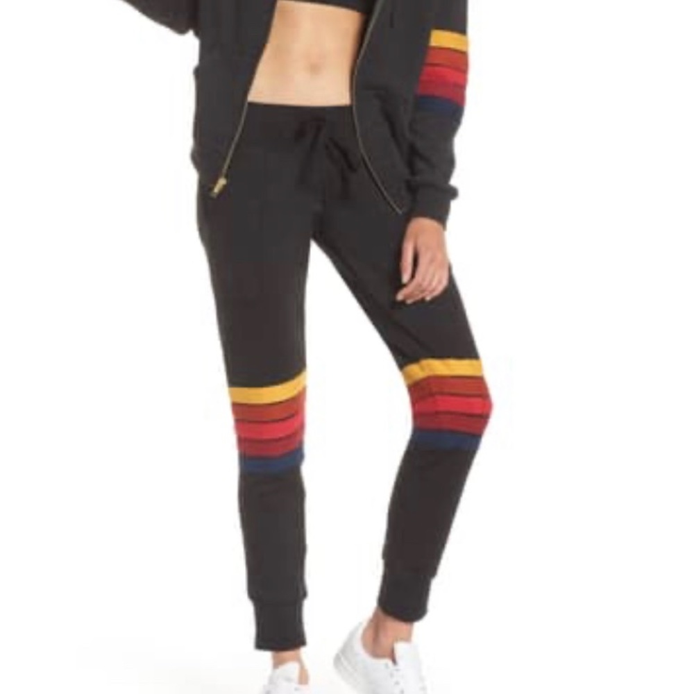 Aviator Nation Black Leggings with Red, Yellow, and Blue Stripes